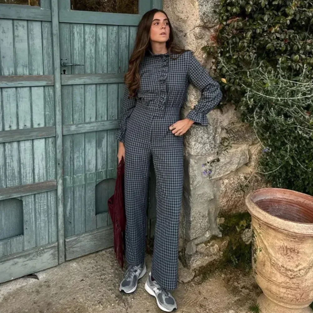 Macacão xadrez longo, PB & ZA, feminino, temperamento casual, versátil, manga bolha, moda, novo,