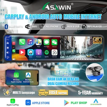 와이파이 대시 캠 GPS 11 인치 터치 스크린 카플레이 및 안드로이드 듀얼 렌즈 자동차 카메라, Asawin CM11 야간 투시경, 24 시간 주차 모드, 4K