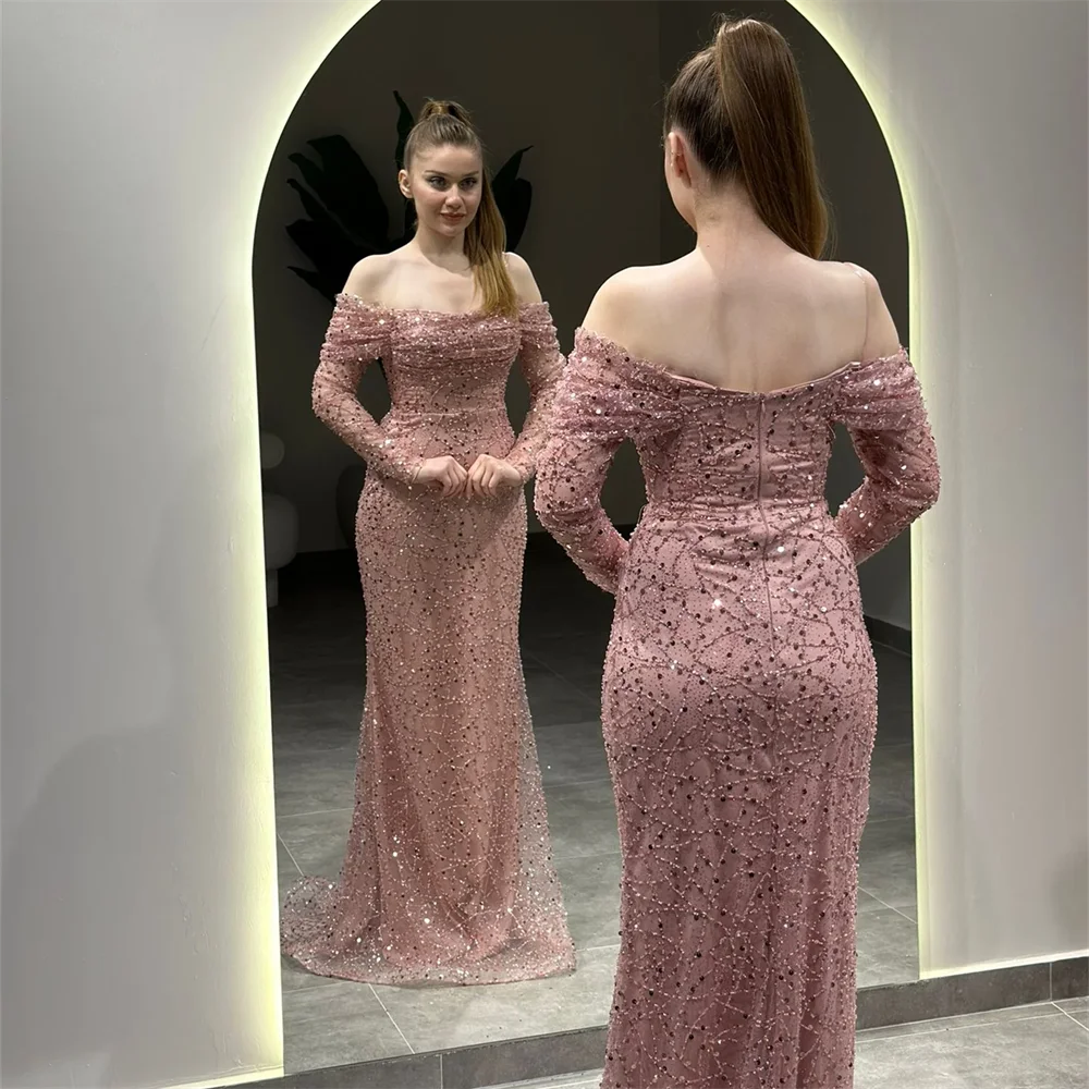 Customized Off Shoulder Beaded Sequined Lace Evening Dress Women Stunning Party Prom Gown With Sweep Train  2024 فساتين سهرة