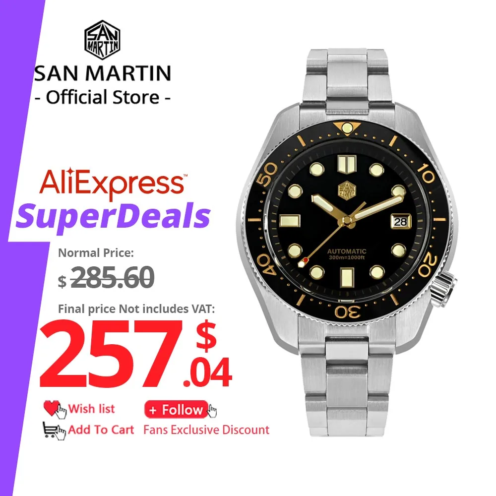 San Martin 44mm Herren Taucheruhr Vintage MM300 vergoldetes Zifferblatt Sport NH35 automatische mechanische Saphir wasserdicht 300M C3 Lume SN0087