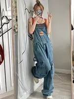 Women Denim Bib Overalls Vintage Hamburger Print Splash Ink Cargo Wide Leg Jumpsuit 2026 Y2K Streetwear Loose Baggy Suspender Jeans Pants - Image 3