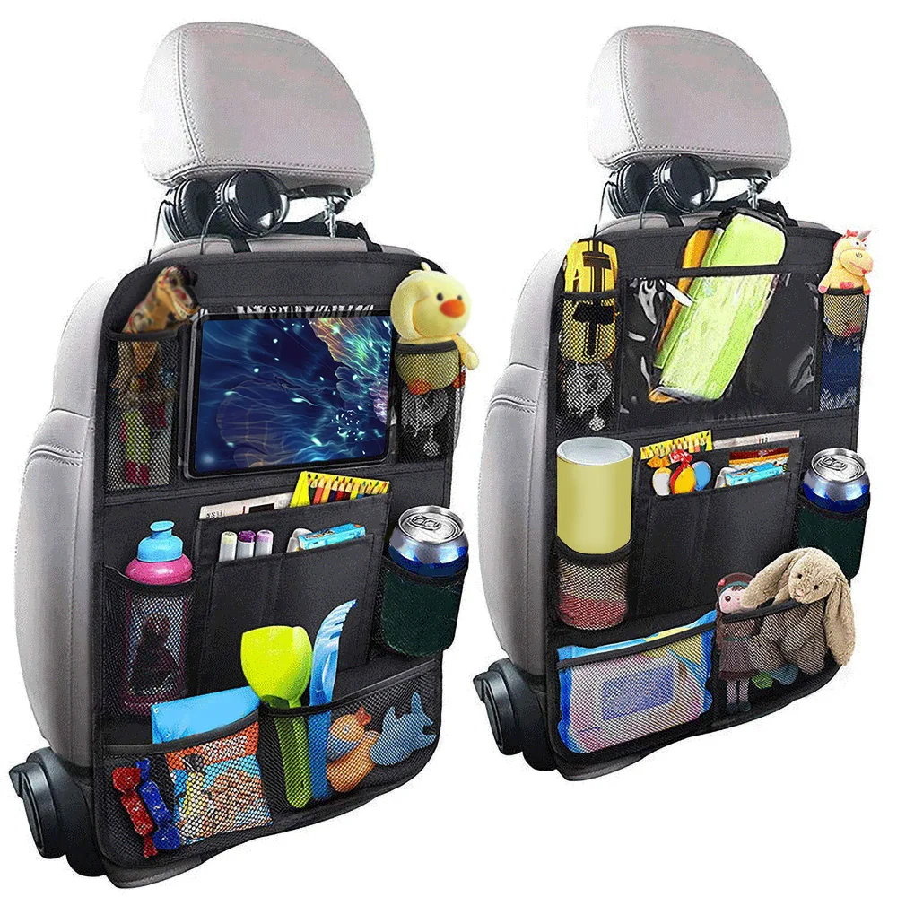 2x Car Back Seat Organiser Tablet Holder Storage Kick Mats Kids Toys Bag Pockets