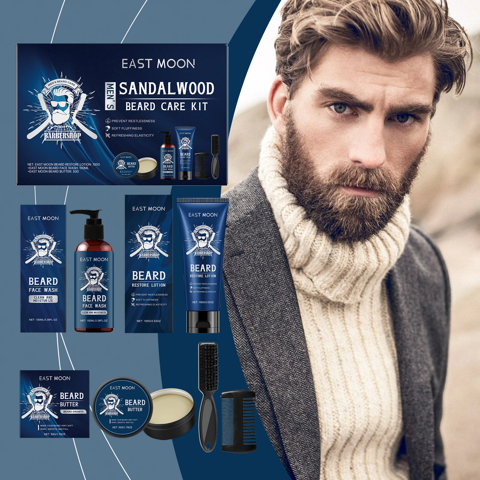 

East Moon 1set Men Beard Care Kit Sandalwood Fragrance Moustache Growth Moisturizing Cleansing Improve Fluffy Beard Styling Set