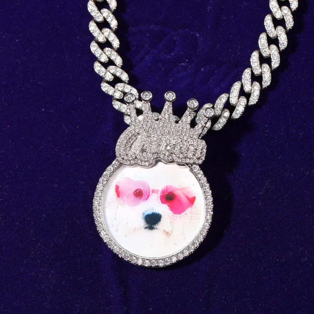 Custom Memory Photo King Queen Crown Pendant Personalized Iced Out Medal Dog Cat Picture Necklace Hip Hop Jewelry For Him Her