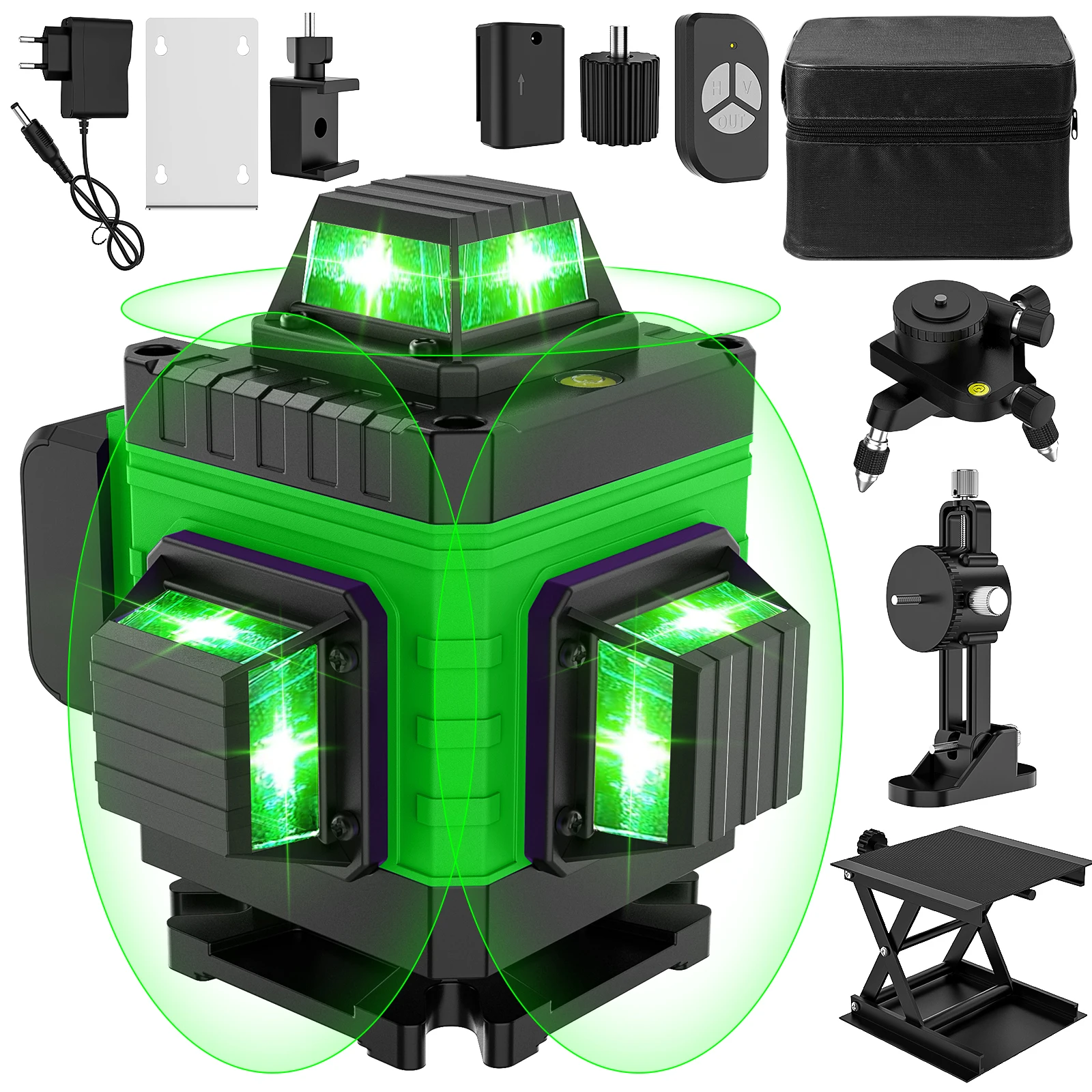Professioneel 16-lijns 4D laserwaterpas, automatisch 360° °   Horizontaal & verticaal, krachtige lijnen, laserniveausystemen met vermogensweergave, groene straal