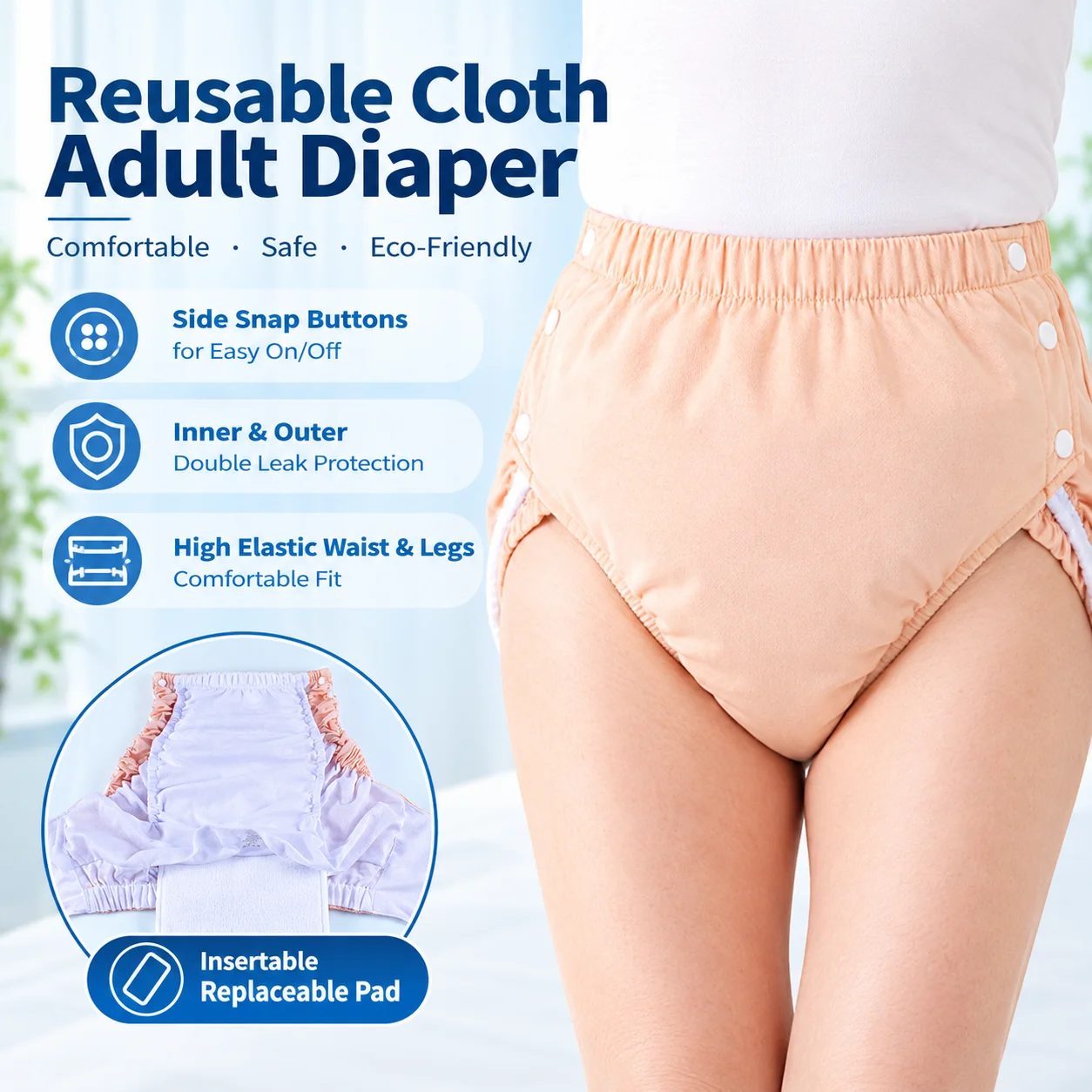 Reusable Washable Adult Cloth Diaper Adjustable Snap Incontinence Pants Leakproof Breathable Comfortable Elderly Care Underwear