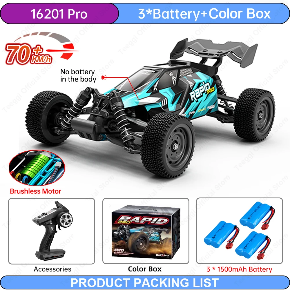 Teeggi 16101/16102 PRO 1:16 Hochgeschwindigkeits-Ferngesteuertes Auto mit LED, 70 km/h, Allradantrieb, professionelles Offroad-Auto, Monstertruck, Geschenkspielzeug