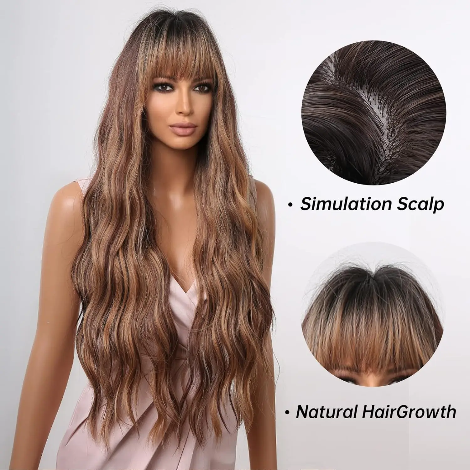 ALAN EATON Brown Highlight Synthetic Wigs with Bangs for Black Women Long Ombre Honey Brown Wave Wig Heat Resistant Hair Natural