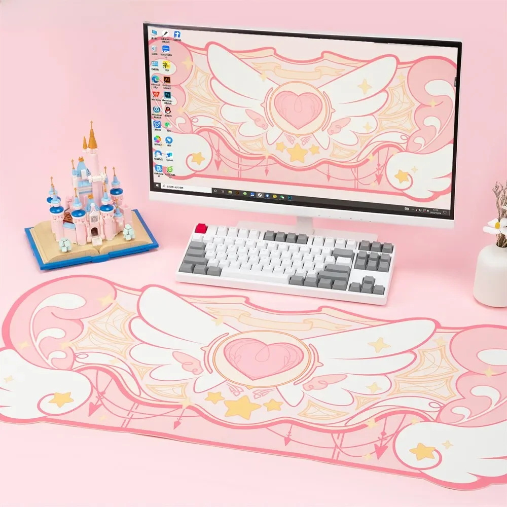 GeekShre podkładka gamingowa pod mysz duży rozmiar 84*37cm Kawaii różowa gwiazda skrzydła podkładka na biurko stół biurowy maty antypoślizgowe wodoodporne maty — zdjęcie produktu 7