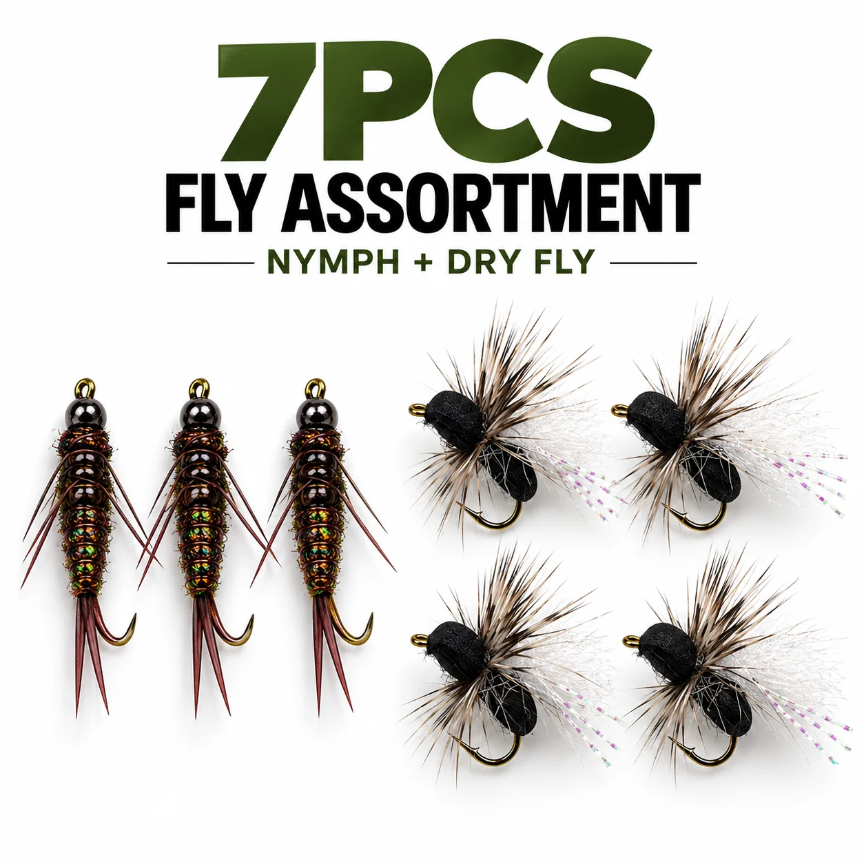 7PCS Fly Fishing Flies Kit with Box, Nymph & Dry Fly Assortment for Trout, Handmade Fishing Lures