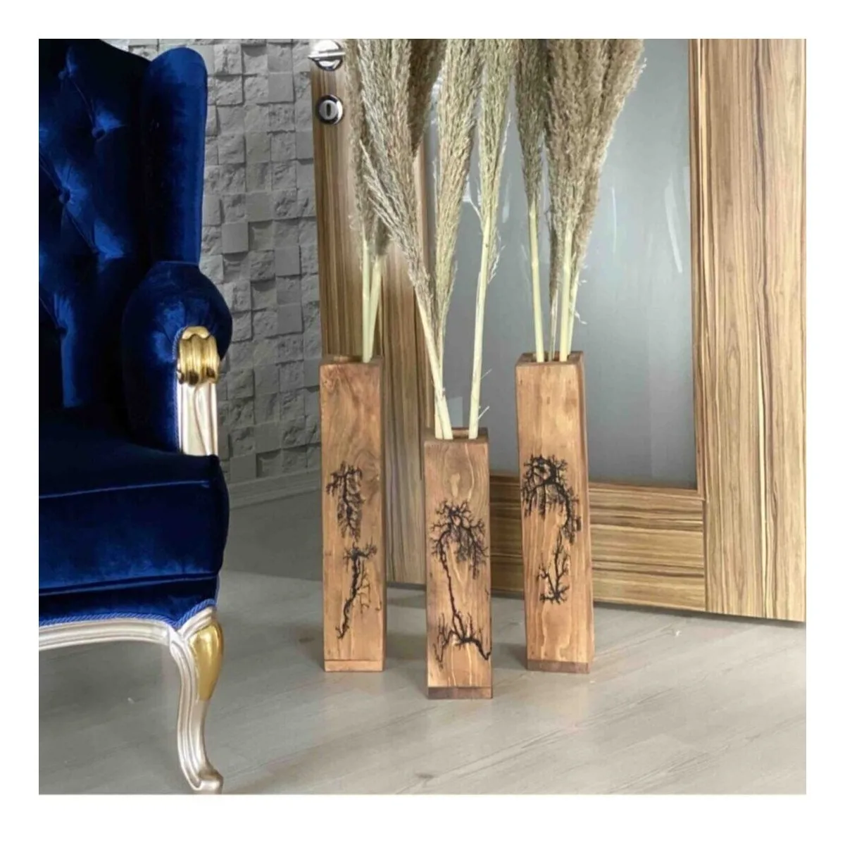 Home Decor Decorative Wood Solid 3 Piece Artificial Çiçek Pampas Vase Long Trinket 100 Handwork 50 X50X40 Cm