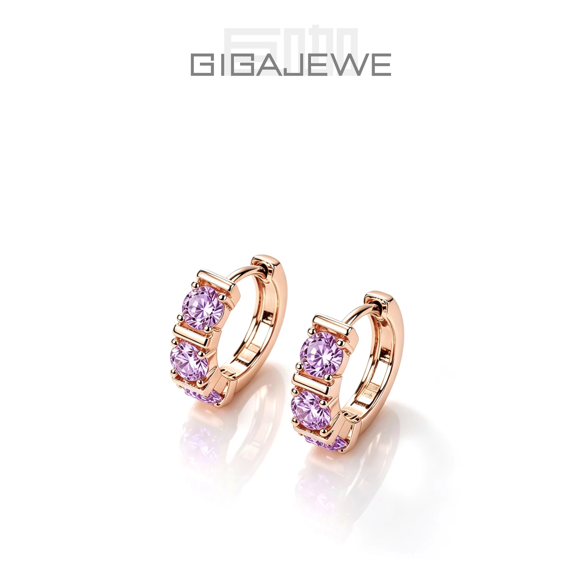 GIGAJEWE 1.8CT 4mm Three Stone Moissanite Hoop Earrings 925 Sterling Silver Rose Gold Plated Rainbow Huggie Earrings