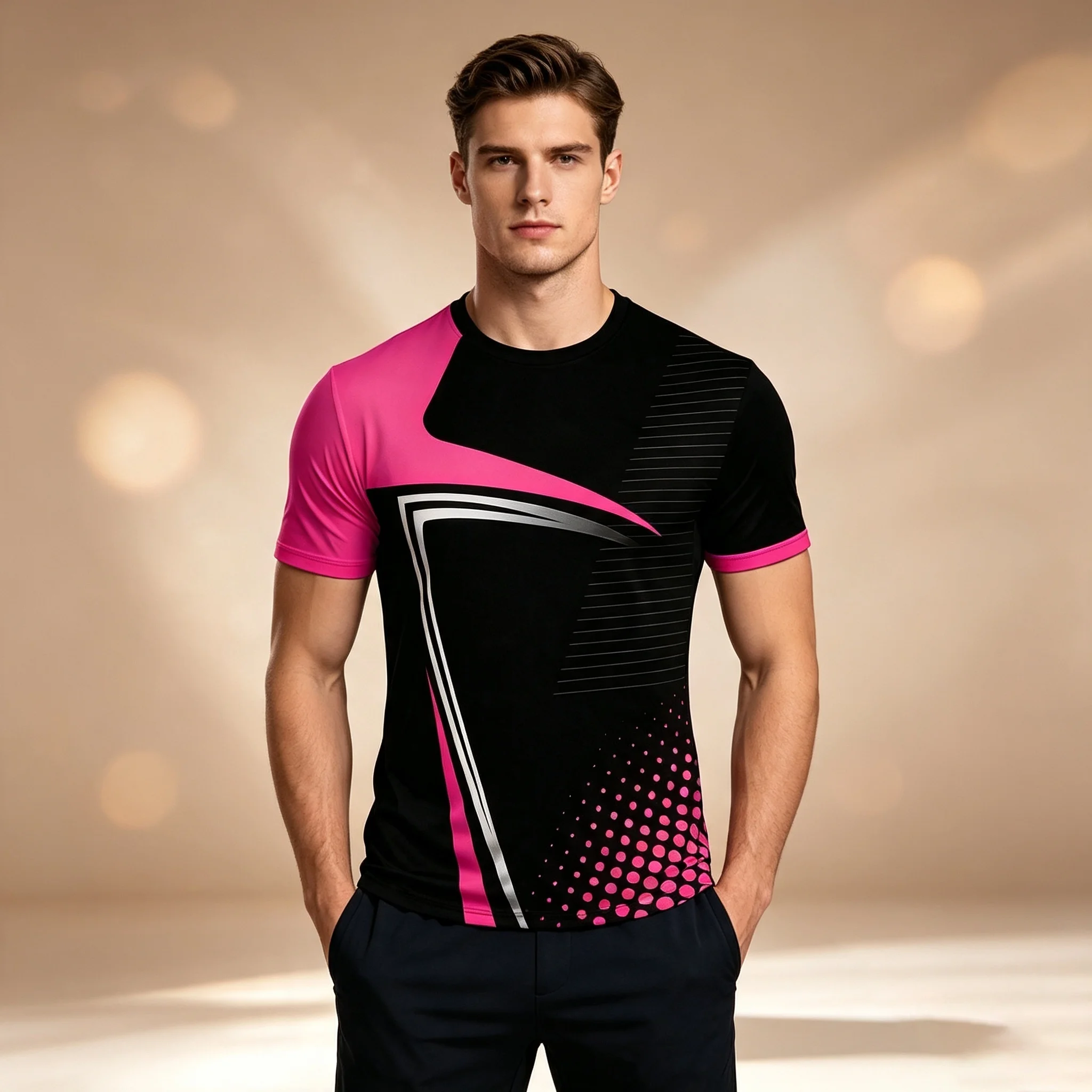 Men Black Hot Pink Geometric Gradient Dot Print T-shirt Crew Neck Short Sleeve Sports Breathable Summer Casual Streetwear Tee