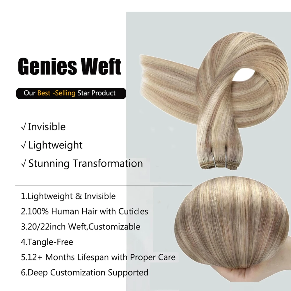 Genius Weft 22-24 بوصة وصلات شعر بشري 100% شعر بشري طبيعي أصلي وصلات شعر غير مرئية #4