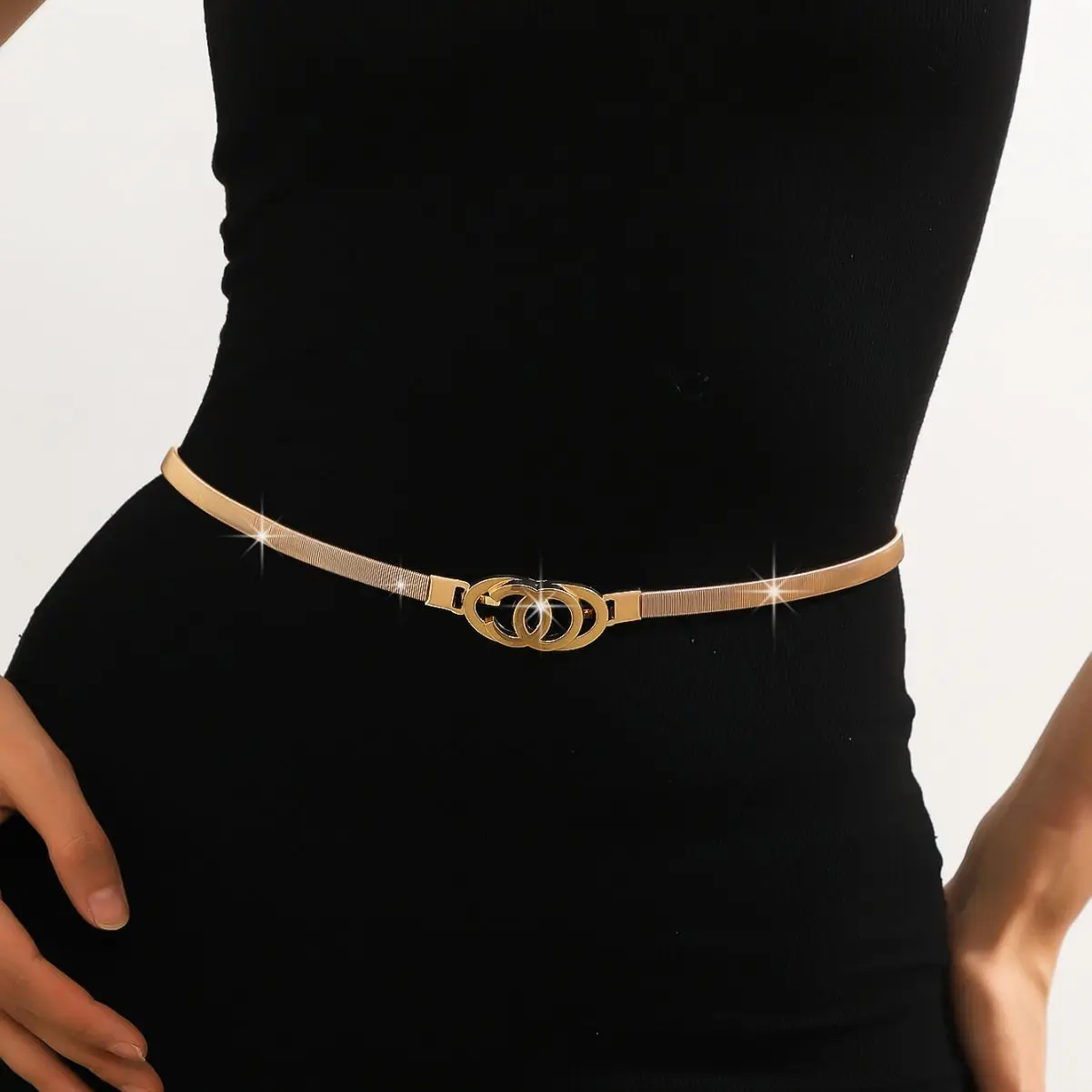 Women Fashion Metal Chain Belt Fashionable Waist Strap Dress Lady Decorative Gold Stretch Belt Metallic Waistband