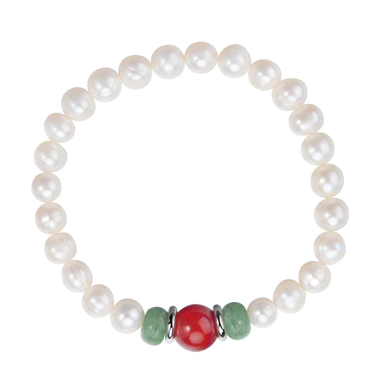 Freshwater Cultured Pearl Stretch Bracelet With Red Agate Green Aventurine Gemstone For Women Girls Elegant Party Jewelry Gifts