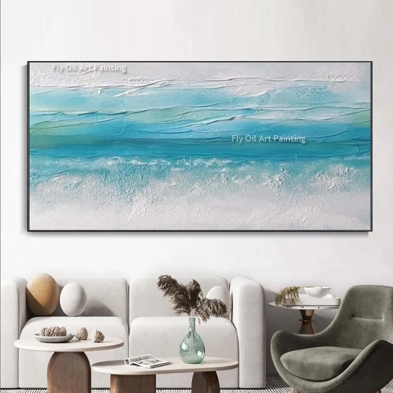 Sea Waves Beach Seascape Abstract Hand Painted Unique Original Oil Painting White Blue Ocean View  Canvas Painting For Decor