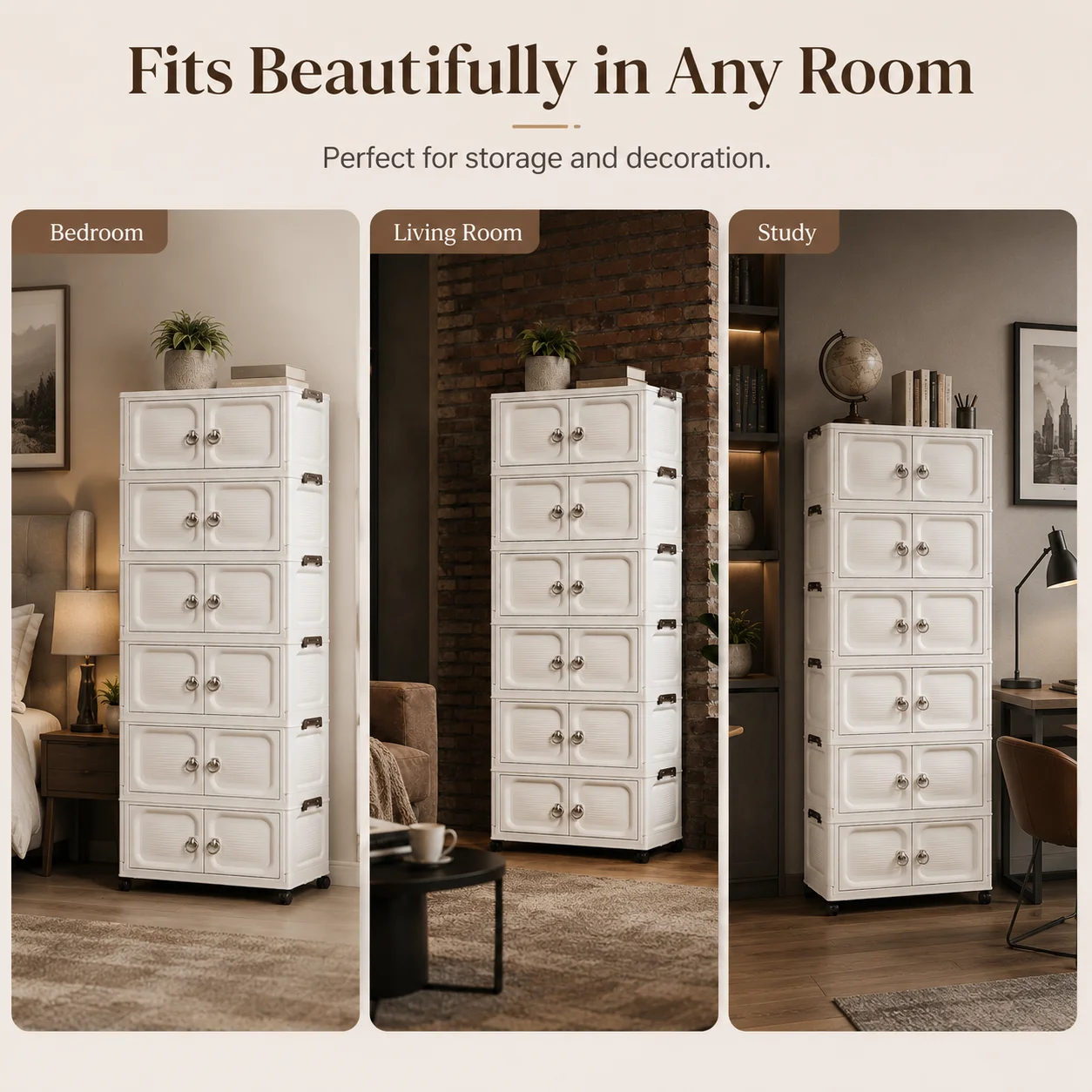 2/3/4/5-tier foldable and stackable storage cabinets, no-assembly foldable storage boxes, textured double doors with metal ring handles, dust-proof plastic storage units with wheels, comes with removable casters, suitable for bedrooms, dining rooms, laund