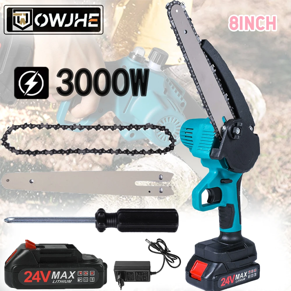 OWJHE 8 pouces 3000W scie à chaîne électrique Portable sans fil outil de cuisson du bois de jardin portatif pour batterie 18-24V