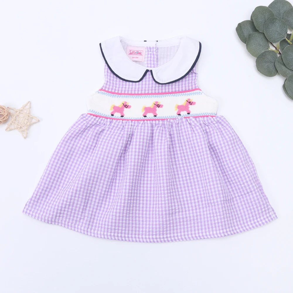 Toddler Boutique Baby Girl Clothes Smock Dress Sleeveless Hand Horse Embroidery Princess Purple Lattice Shorts Suit For 1-6T