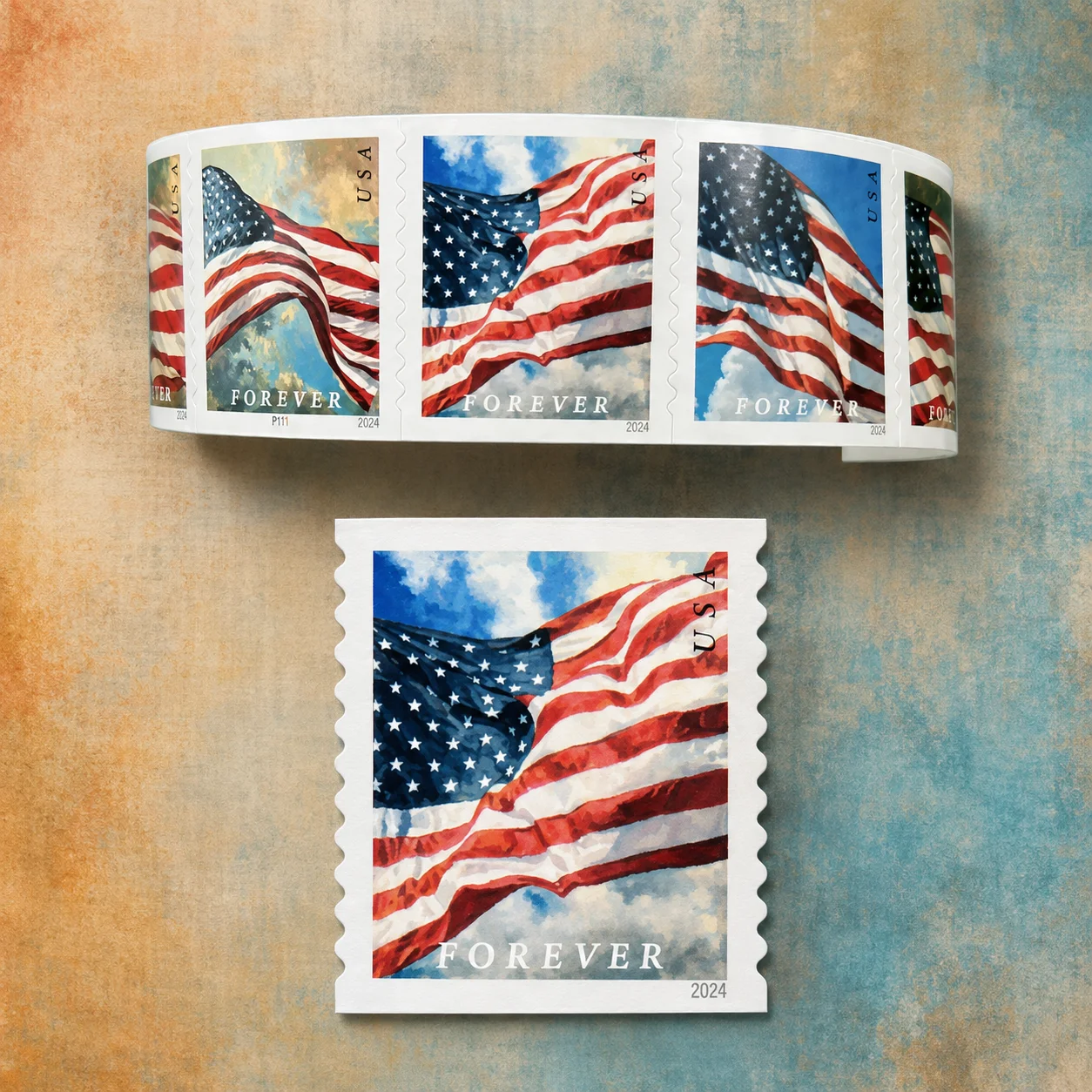 

USA Flag Stamp Roll Stickers 100pcs Self Adhesive Vintage Style Labels for Envelope Scrapbook DIY