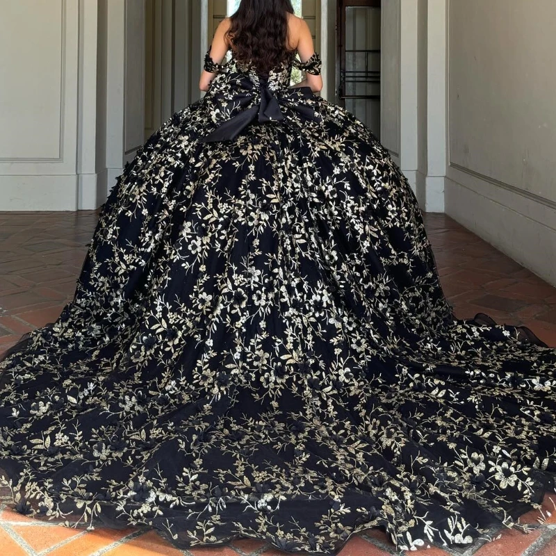 Vestidos de quinceañera brillantes negros personalizados con hombros descubiertos, lentejuelas, apliques dorados, cuentas de flores de encaje, vestido de fiesta dulce 16