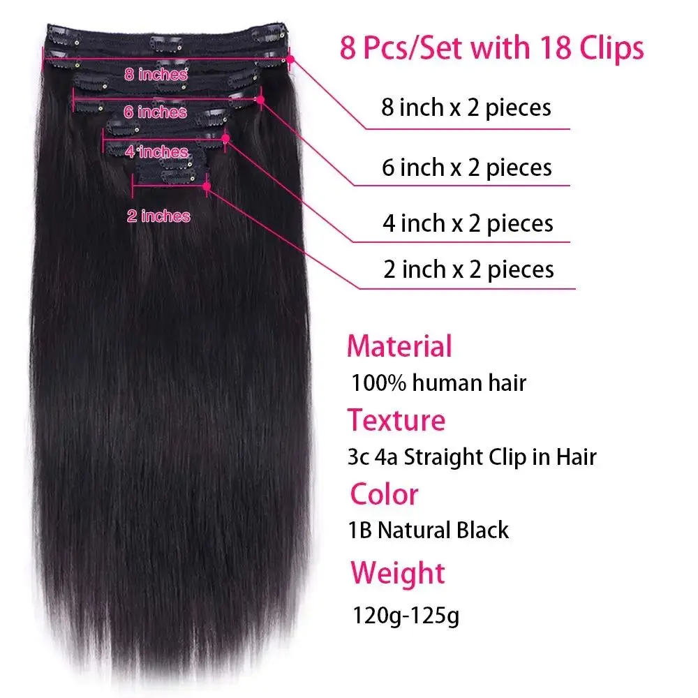 Clips en extensiones de cabello humano brasileño, 8 piezas y 120g por juego, cabeza completa, Color Natural, Remy