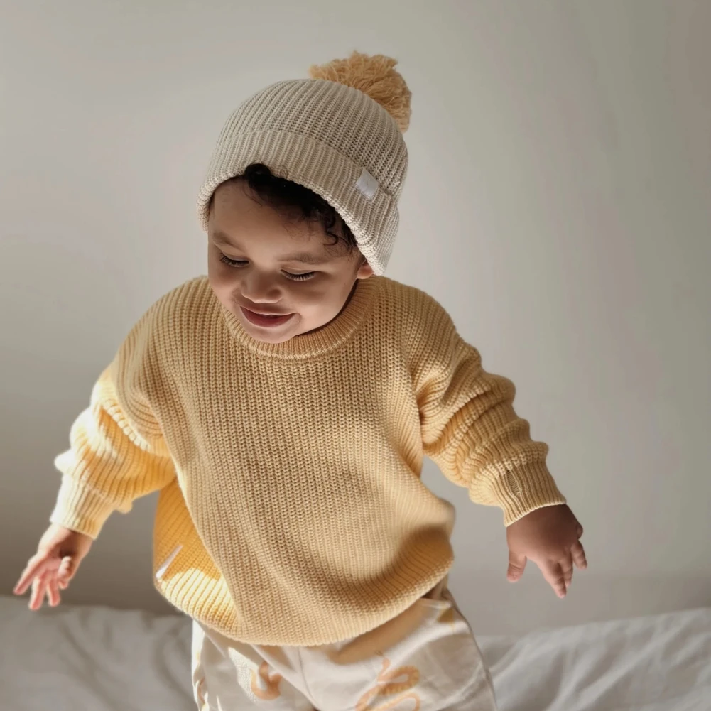 Solid Color Knitted Jumper Kids Fall Winter Clothes Pullover Long Sleeved 100% Cotton Natural Sweet Baby Sweater