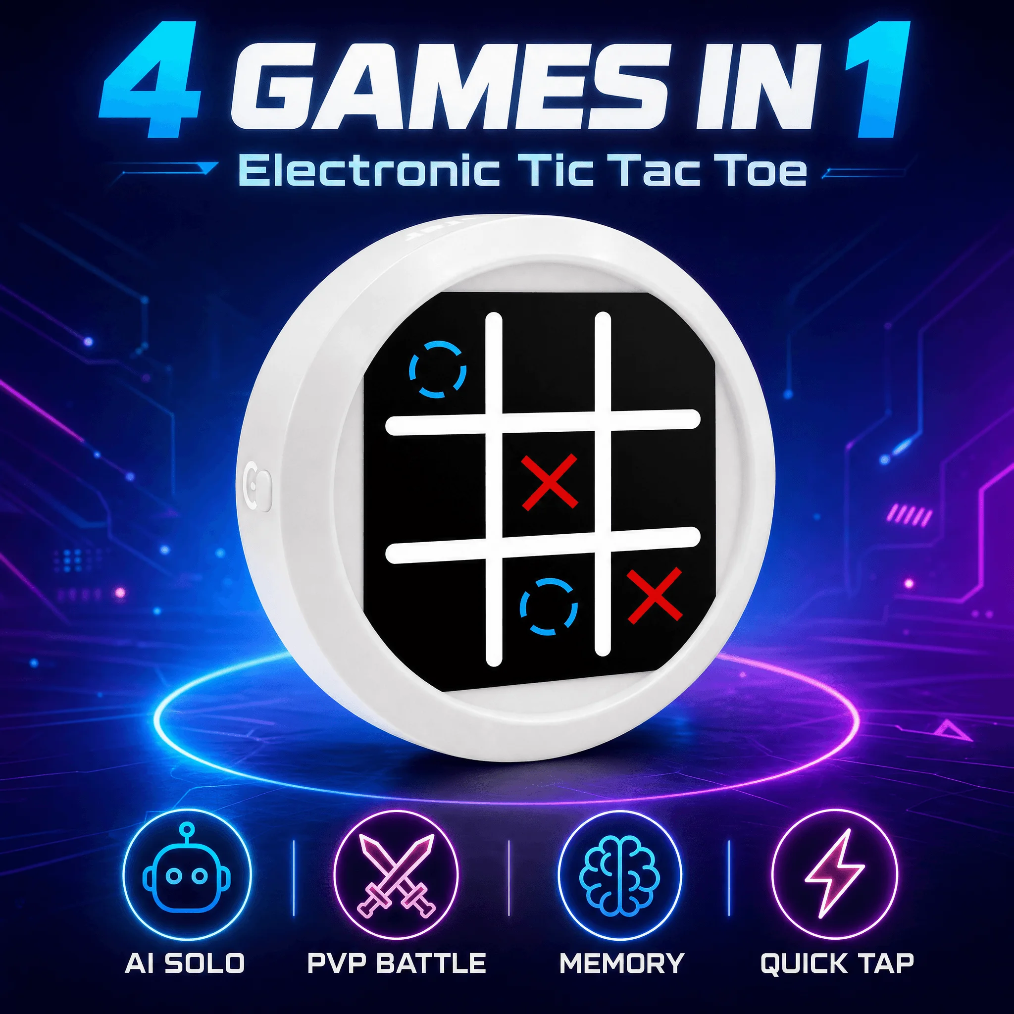 4-In-1 Electronic Tic Tac Toe Game, Portable Travel Brain Teaser Puzzle Toy, PvP & Memory Modes, Board Games for Brain Training