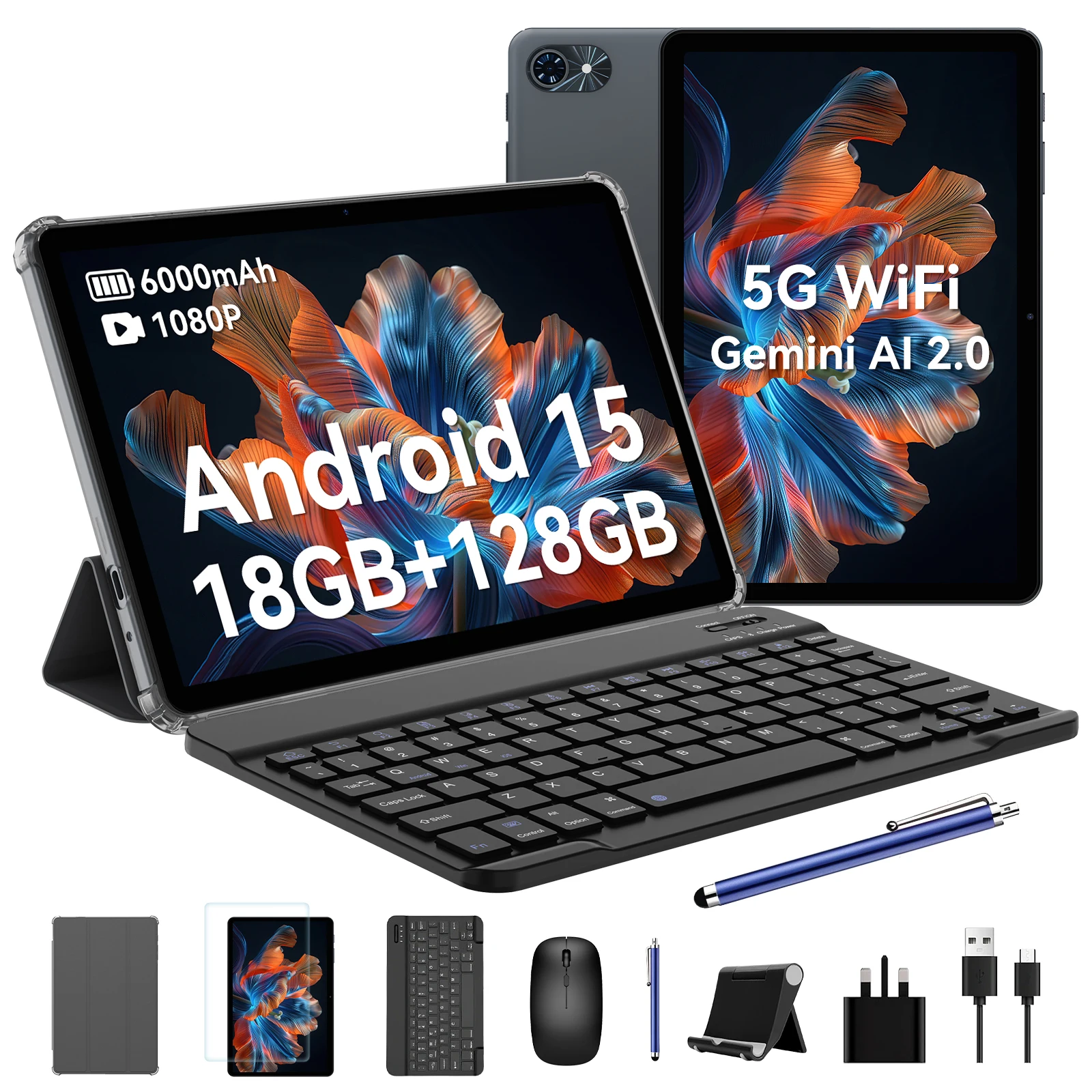 TABWEE T80 Android 15 Tablet 18GB RAM+128GB ROM (2TB TF), Tablet 10 inch, 6000mAh, 5MP + 2MP, Gemini AI, 5G WiFi, GPS, Face ID