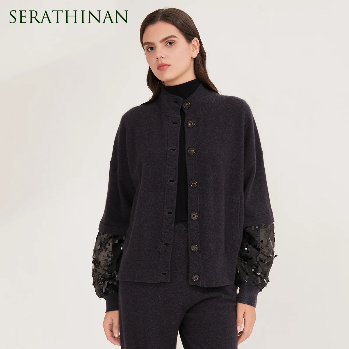 BD4521243 Women's Cashmere Button Cardigan Stand Neck Long Sleeve Organza Sequin Cuff Relaxed Fit Winter Knitwear