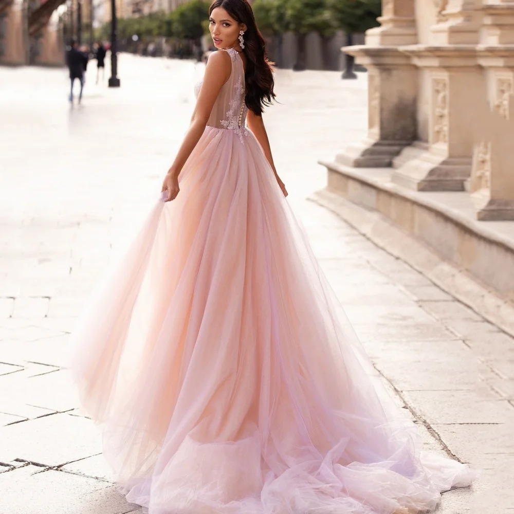 Customized Elegant A Line Prom Dresses Pink O Neck Tulle Party Gowns Tank Applique Illusion Evening Dress New Vestido