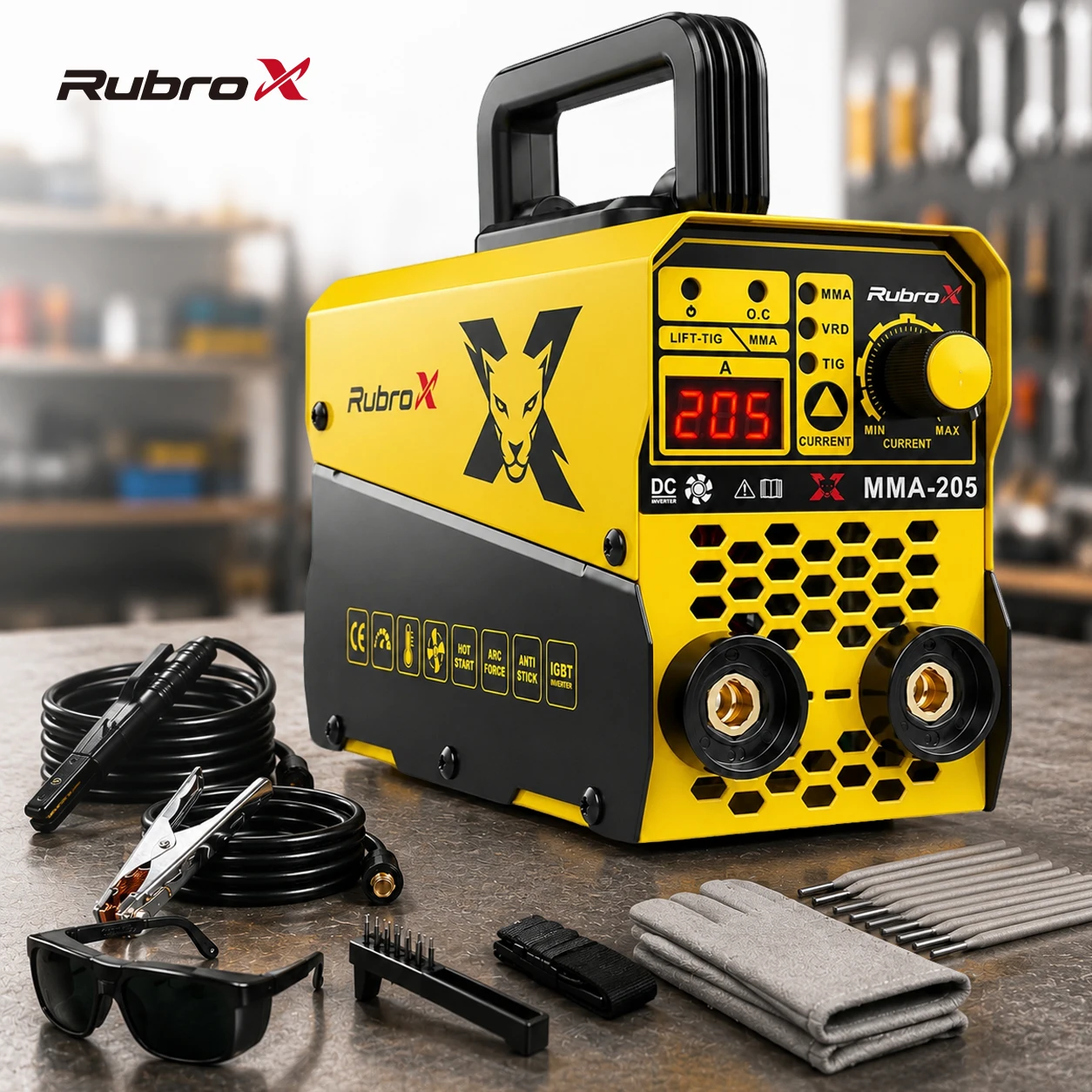RubroX MMA-205 220V Soldador Elétrico com Visor Digital - Regulação Digital de Corrente e Tensão + Proteção Anti-Superaqueciment