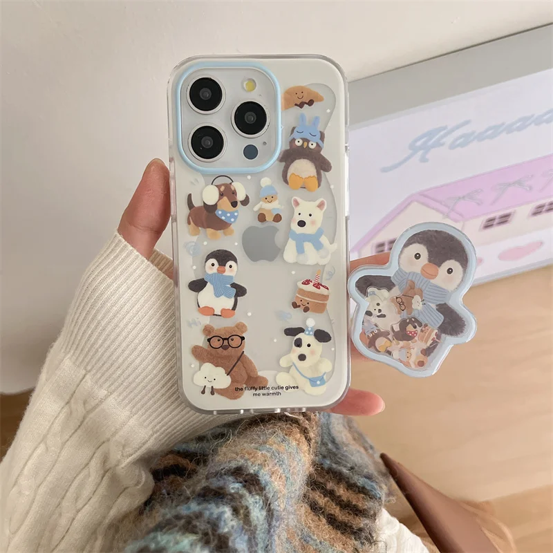 Bonito cachecol pinguim urso filhote de cachorro rocker caso de telefone iphone 16 15 14 13 pro max coreia kawaii magnético capa traseira presente da menina para 15pro