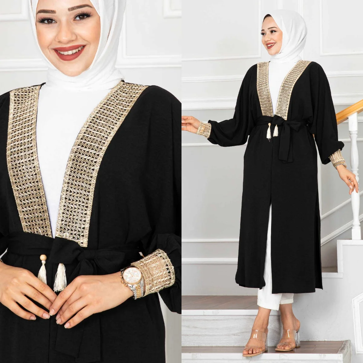 

Gold Detailed Kimono Abaya Turkish Muslim Long Women Dress Abaya Turkey Sets Fashion Hijab Islamic Tunic 2023 casual jilbab Ramadan