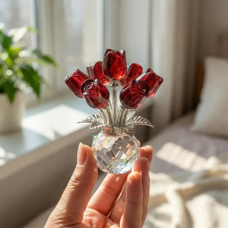 Bunte Kristallrosen-Blumenfigur mit Vase – Handgefertigter K9-Kristallstrauß als Schreibtischdekoration und Geschenk für Frauen zum Vatertag – Detail 7