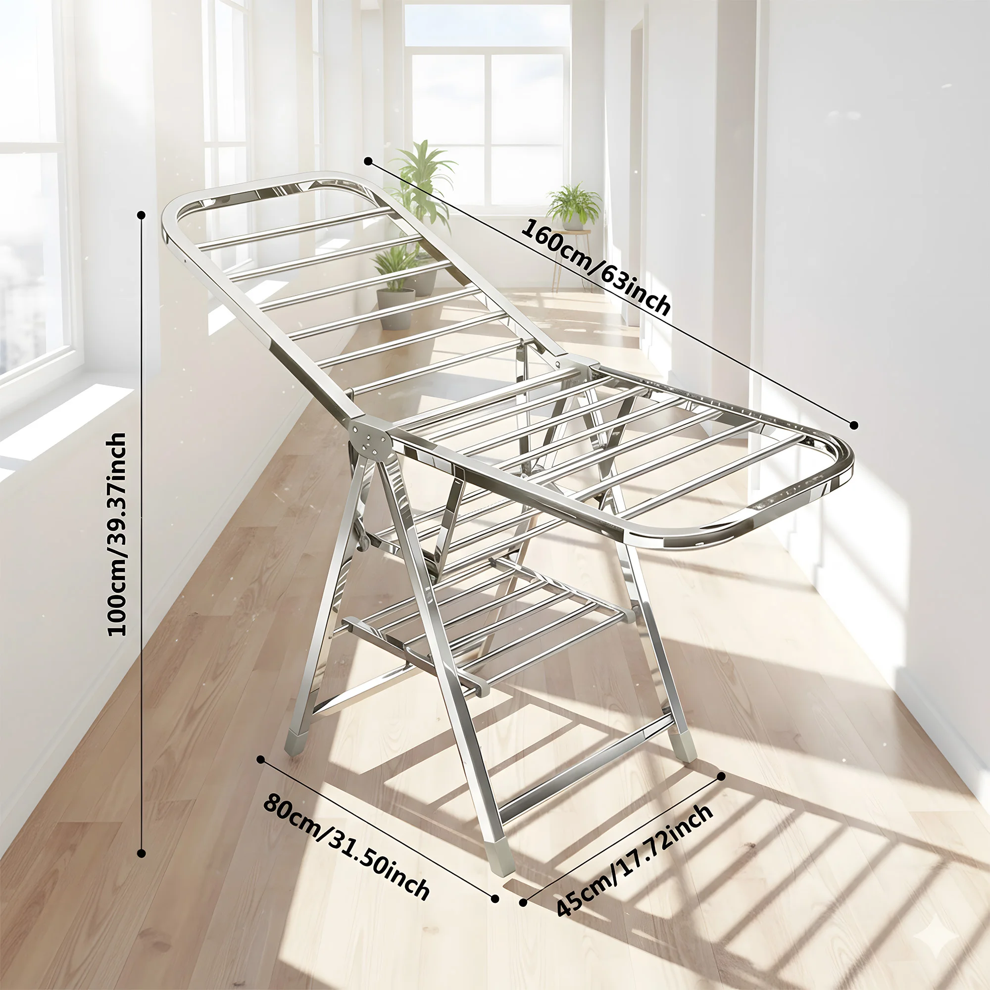 Kleiderständer aus Edelstahl, klappbar mit Seitenflügeln und Schuhablage, höhenverstellbar, platzsparend, robust und langlebig. – Detail 2
