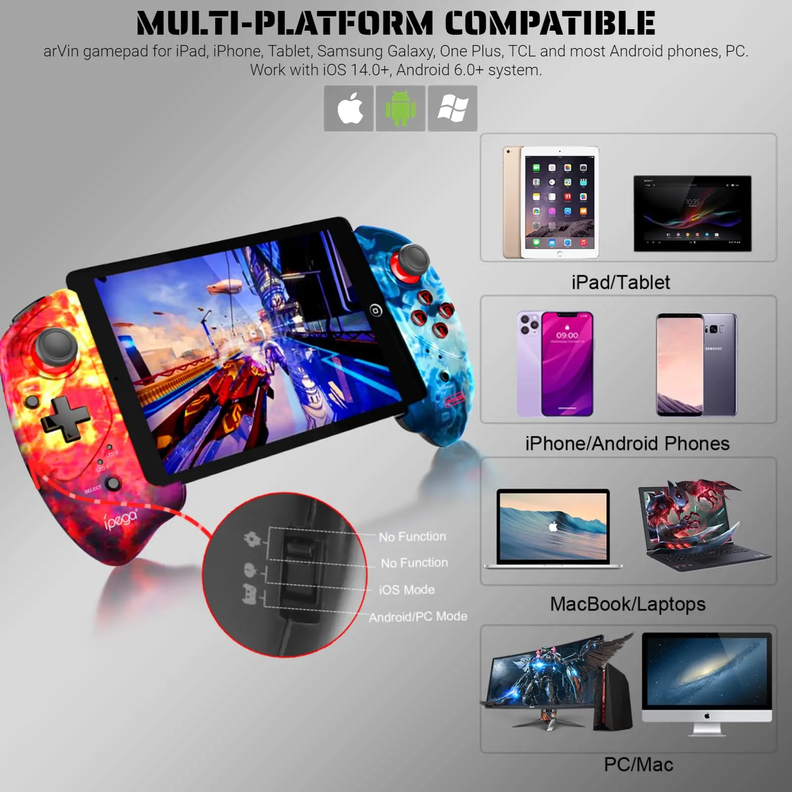 Gaming Controller for iPad/Mini/Air iPhone 14/13/12/11, iOS Tablet Android Gamepad for Galaxy Tab Huawei Mate Pad Yoga Tab[5-11