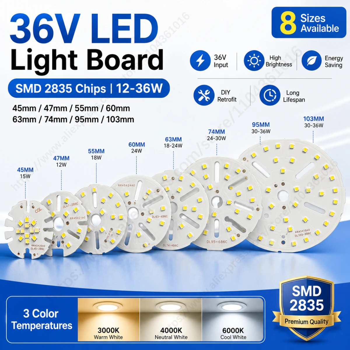 5PCS 36V LED Light Board SMD 2835 Round Lamp Panel 12W 15W 18W 24W 30W 36W DIY Bulb Ceiling Light Retrofit PCB Warm Cool White