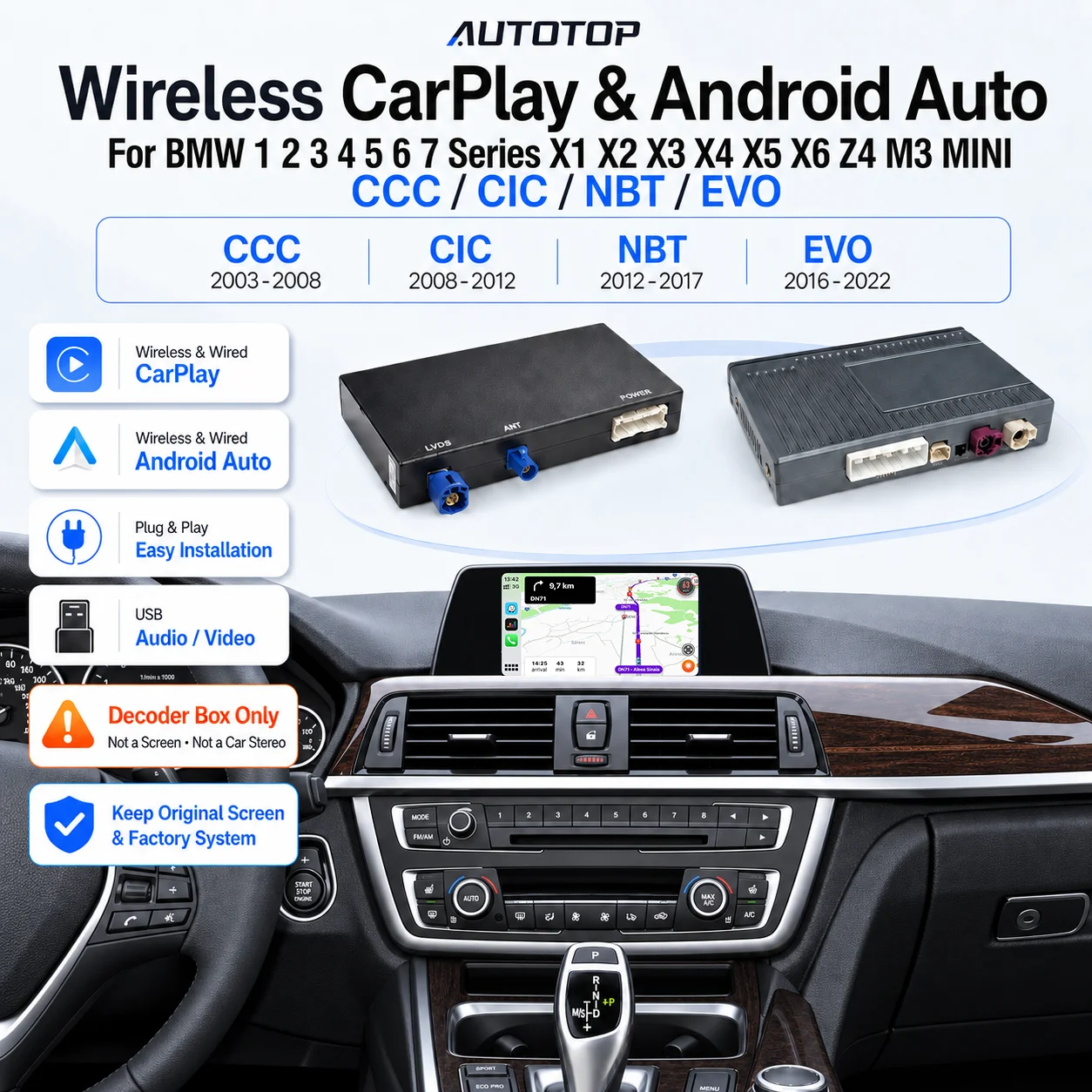 Boîtier décodeur AUTOTOP CarPlay sans fil Android Auto pour BMW CCC CIC NBT EVO Série 1 2 3 4 5 X1 X3 X4 X5 X6 F20 F30 F31 F10 F11 E60 E61 E90 E91 E92 E93 E70 E71 F25 F26 F15 F16 F48 E84, interface de rétrofit d'écran d'origine, AirPlay, Bluetooth, AUX, USB, module de voiture