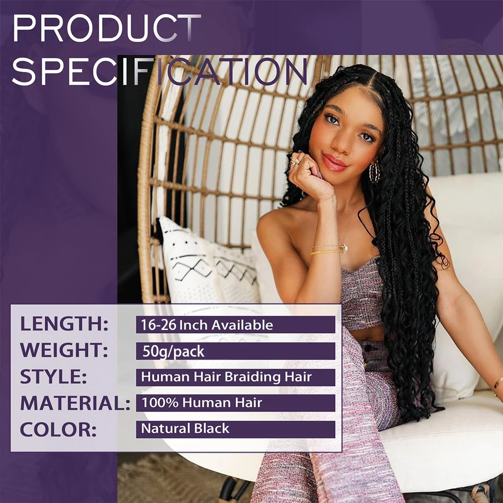 Human Braiding Hair 1 Bundle 50g/Pck  Deep Water Braiding No Weft 10A Brazilian Virgin Curly Human Hair Extensions 16-26inch #1B