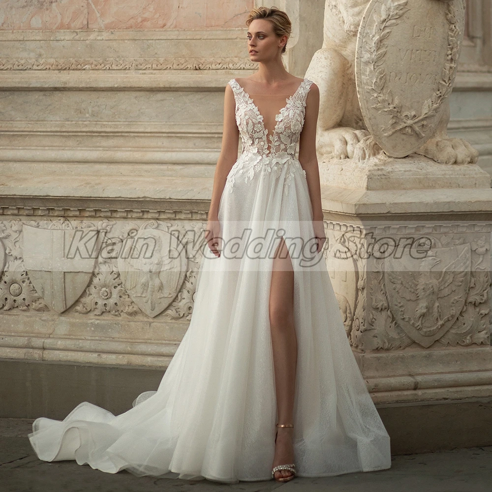 Weilinsha – robe De mariée ligne a à fleurs 3D, exquise, Sexy, décolleté en v profond, fente latérale appliquée, pour mariée