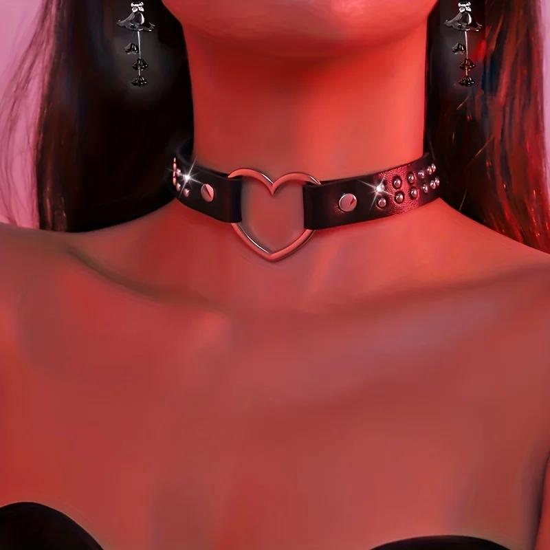 Y2K Punk Gothic Heart Stud PU Leather Choker Necklace for Women - Sexy No Plating Daily Wear Jewelry