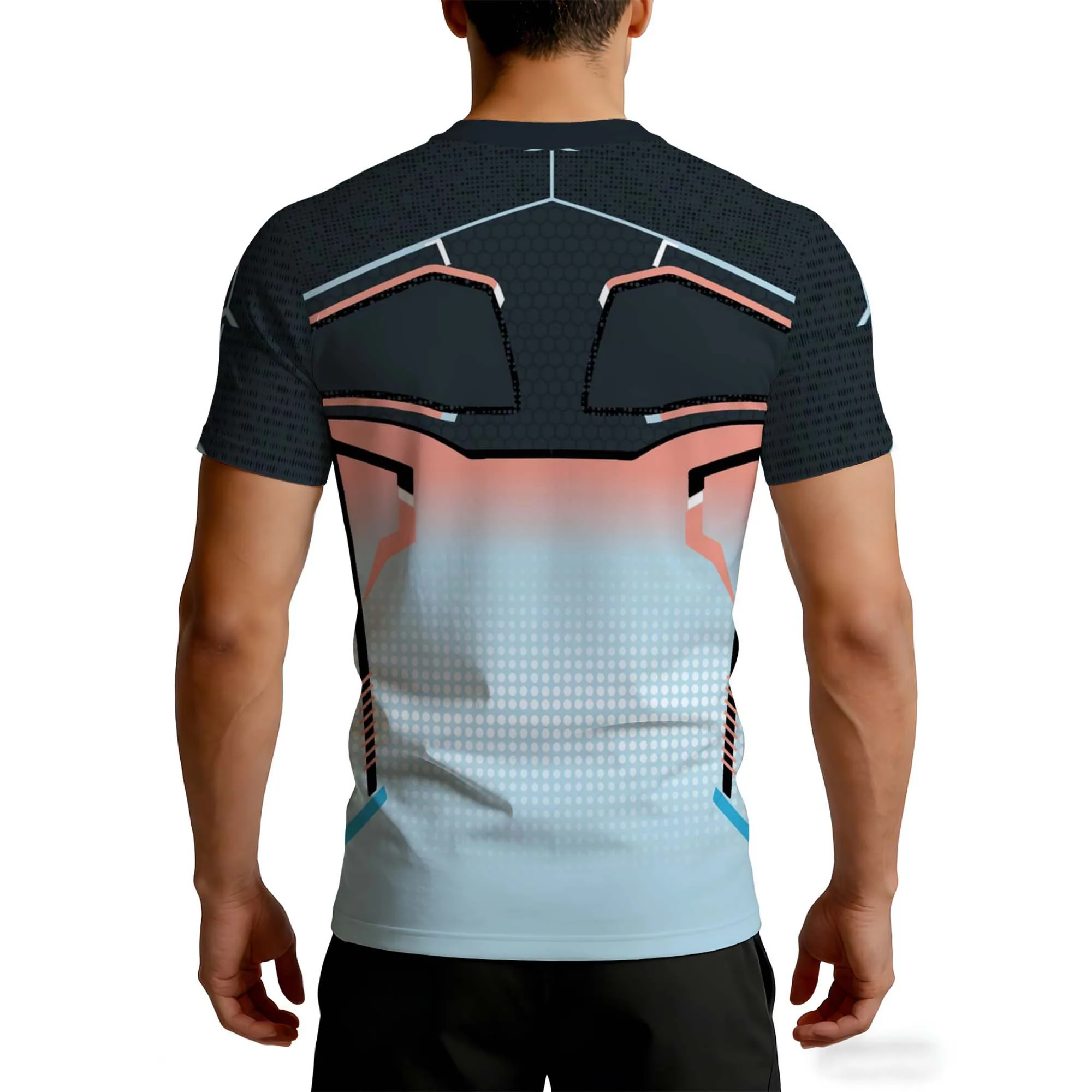 Fashion Pink Blue Gradient Geometry Print Men Compression Top Honeycomb Mesh Quick Dry Short Sleeve Cycling Muscle Shaping Tees