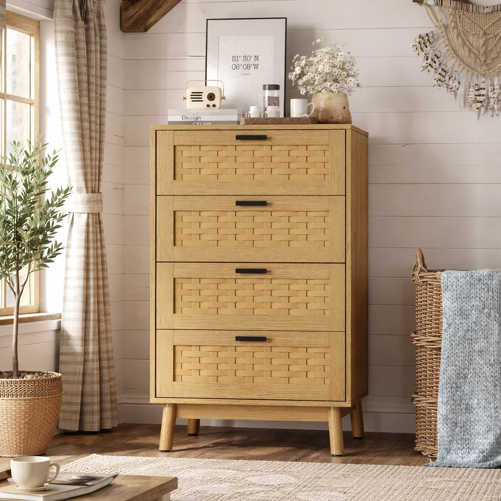 Commode en rotin à 4 tiroirs, meuble de rangement avec système anti-basculement, poignées et pieds, commode en bois pour chambre, bureau, 55x40x95 cm