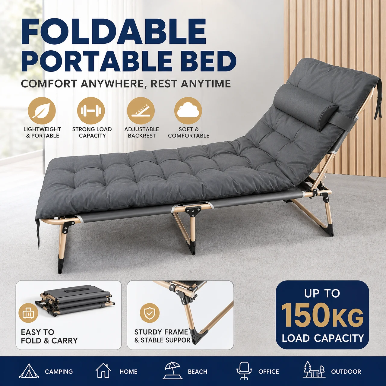 Faltbares tragbares Campingbett mit dickem Kissen und Kopfkissen, mehrfach verstellbarer Rückenlehne, klappbarer Liegestuhl, 150 kg Schwerlast-Outdoor-Liegebett für Büro, Nickerchen, Camping, Strand,