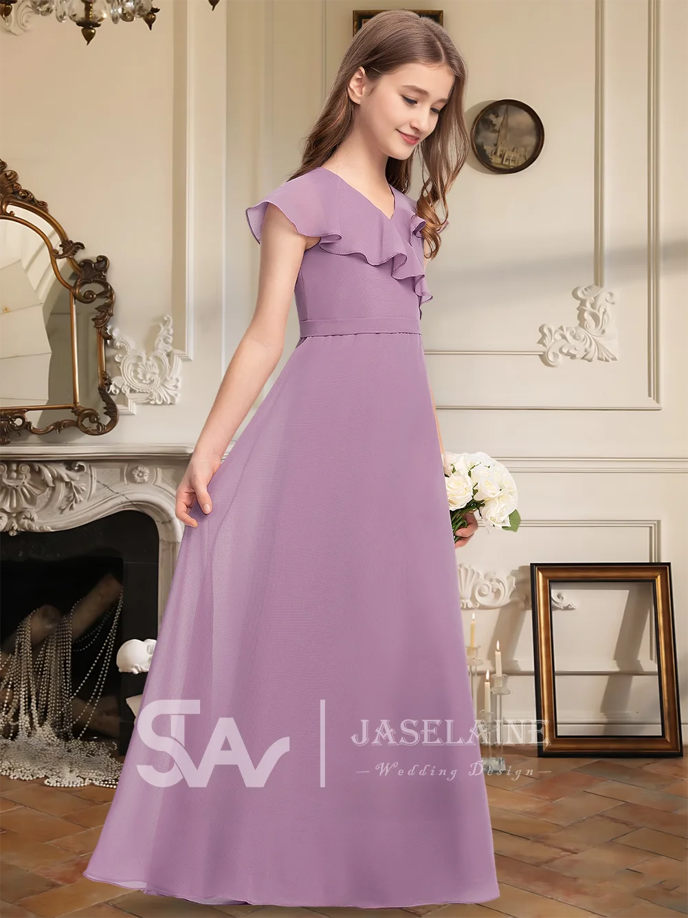 

QA Line V Neck Junior Bridesmaid Dress Flower Girl Dress Floor Length Chiffon Cape Sleeve Bow Girls Formal Wedding Party Dresses