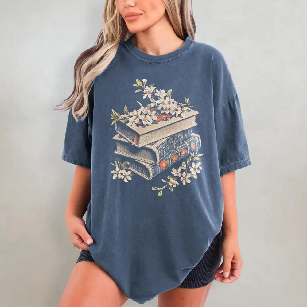 Women Cotton T Shirt Floral Book Shirt Reader Shirt for Booklover Bibliophile Shirt Reading Gift Short Sleeve Fashion Crop Tops