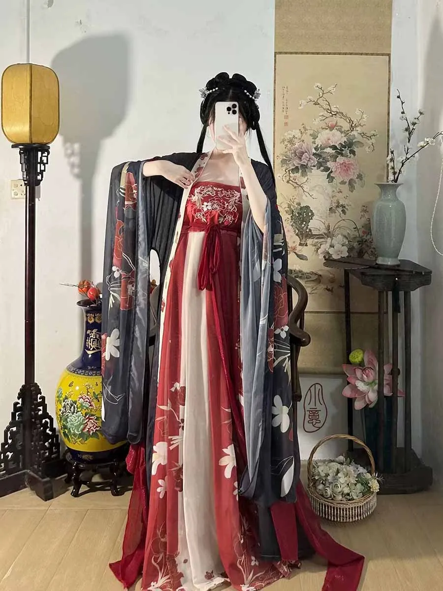 Plus Size 4XL Hanfu Dress Women Oversized Chinese Tang Dynasty Vintage Embroidered Black Red Hanfu Costume Party Outfit