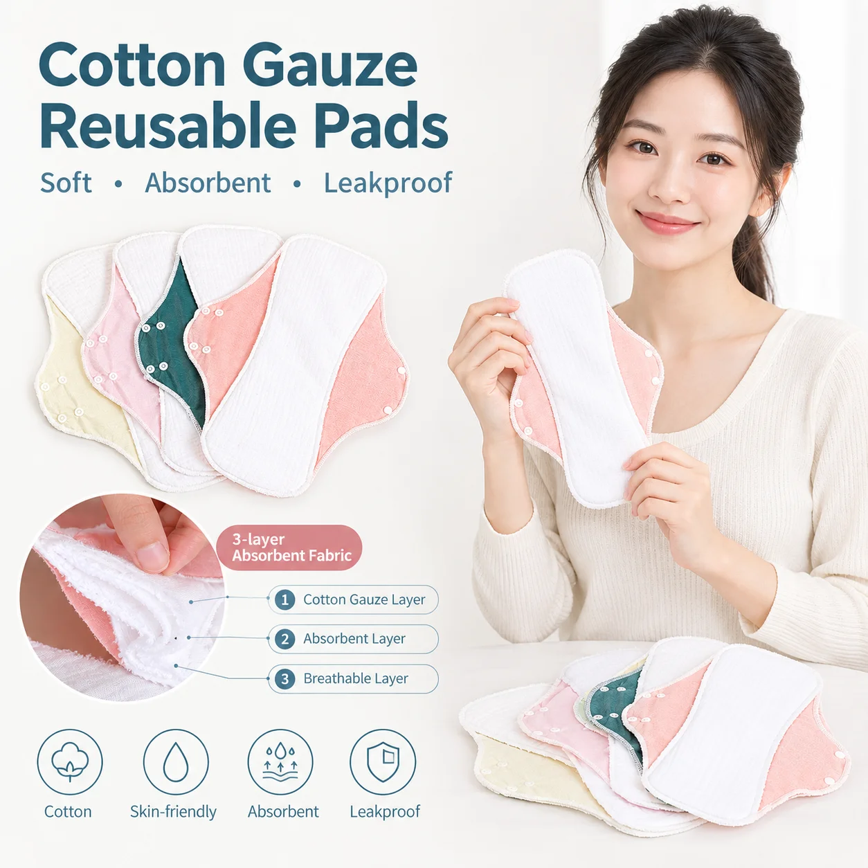Reusable Menstrual Pads Soft Cotton Gauze Washable Breathable Leakproof High Absorbent Women Postpartum Cloth Period Pads